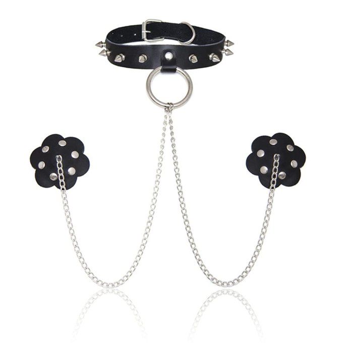 Collier ras de cou BDSM avec cache tétons noirs - S&N