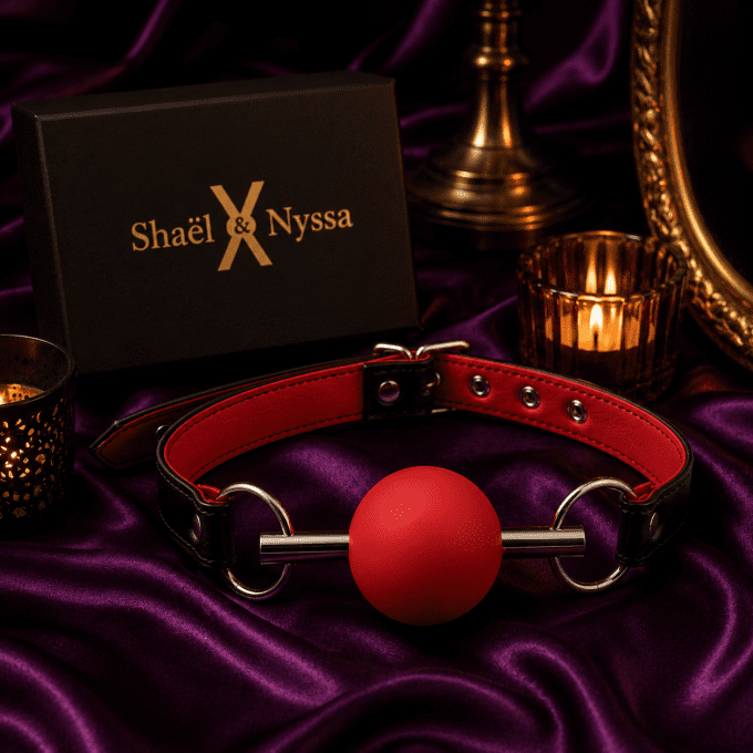 Bâillon premium rouge & noir avec boule silicone