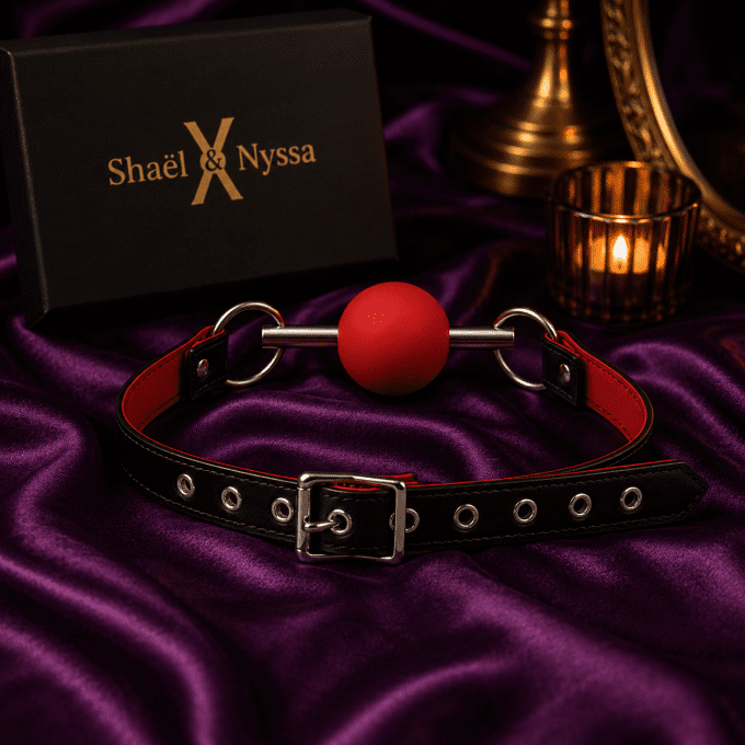 Bâillon premium rouge & noir avec boule silicone