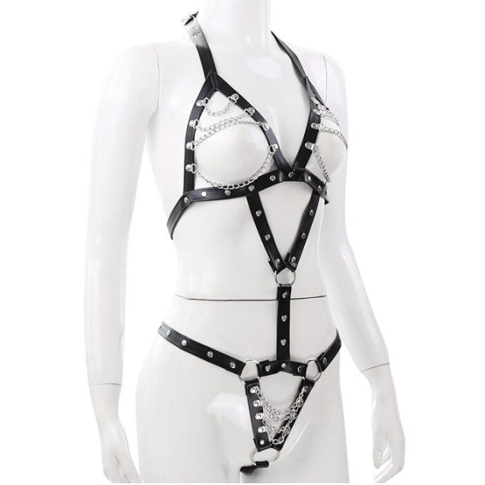 Harnais intégral avec chaîne & simili cuir femme - S&N
