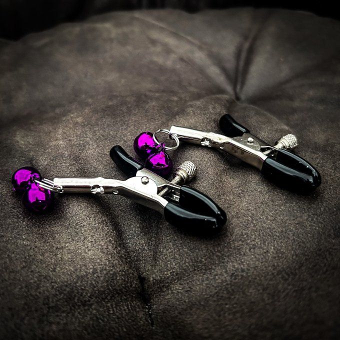 Pince tétons réglable avec clochettes violet + protection - S&N
