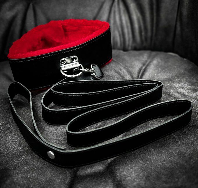 Collier rembourré rouge avec laisse simili cuir - S&N